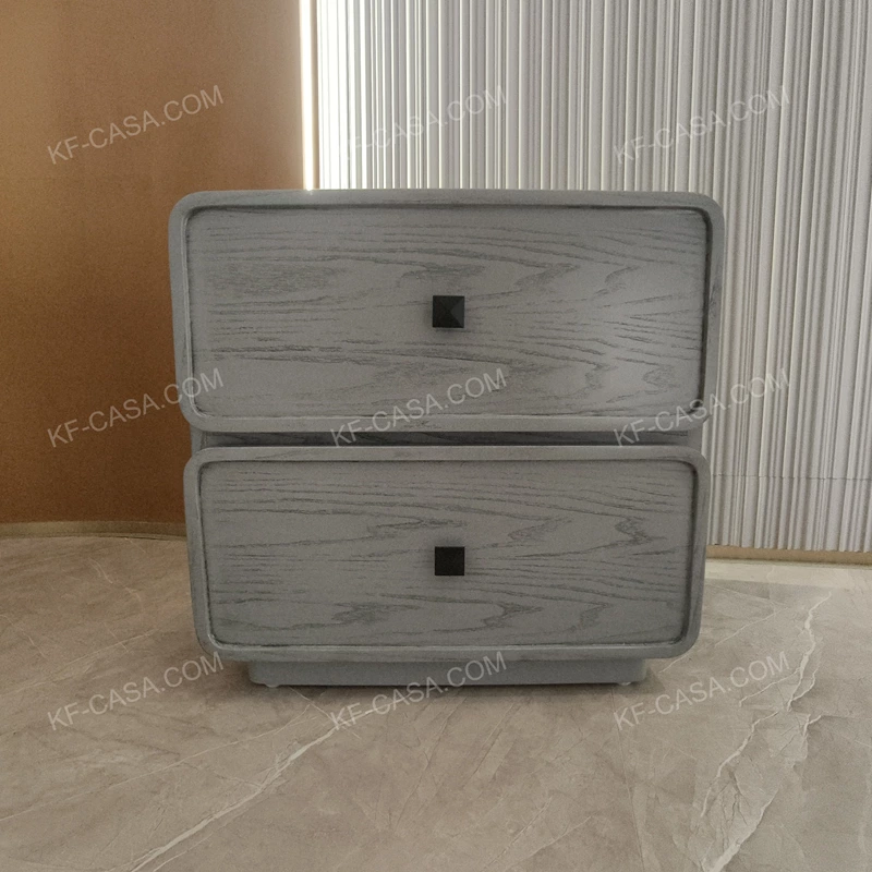 Rounded-Edge Light Gray Wood Grain Two-Drawer SideTable with Black Square Handles